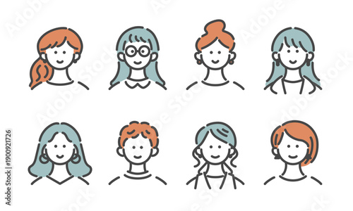 若い女性のイラストセット　線画・アイコン・シンプル