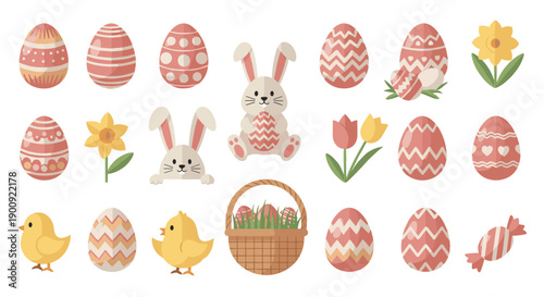 A delightful collection of charming Easter illustrations featuring decorated eggs, cute bunnies, fluffy chicks, and spring flowers, perfect for festive holiday designs.