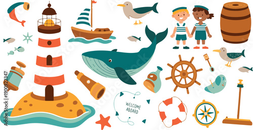 Cute Nautical Adventure Vector Set – Lighthouse, Sailing Ship, and Ocean Elements