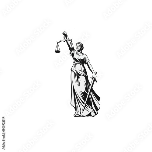 Lady Justice holding scales and sword in black and white.