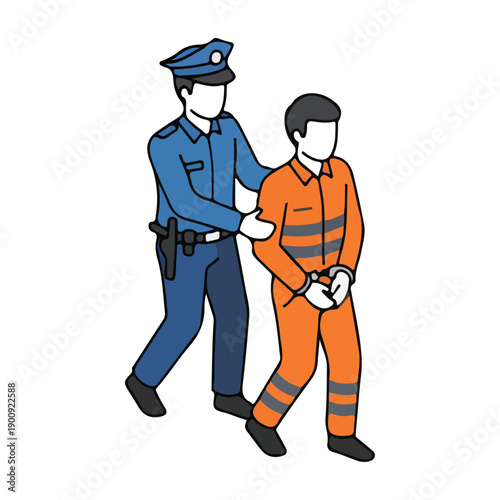 Police officer escorting a prisoner in orange jumpsuit.