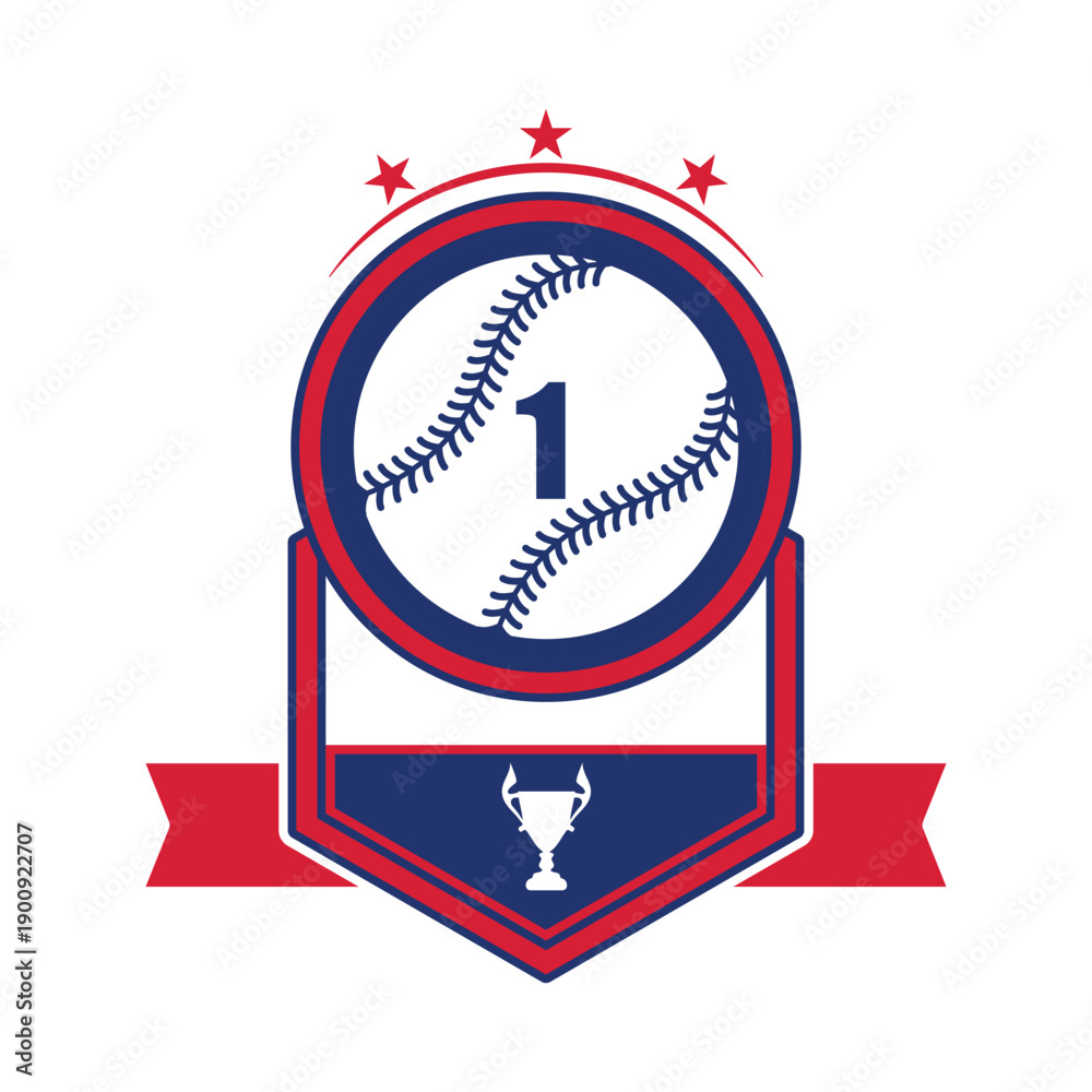 Fototapeta premium Baseball Victory Emblem. Baseball victory emblem with number one ball, stars, and trophy shield in red, white, and blue.