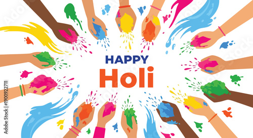 Vector illustration of colorful hands throwing paint to celebrate Happy Holi, with vibrant hues and festive splatters on a white background.