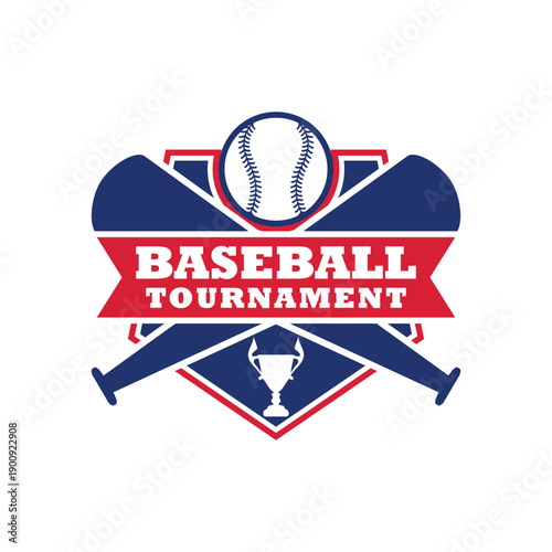 Baseball Tournament Logo with Trophy, Bats, and Red Banner – Patriotic Sports Emblem Vector


