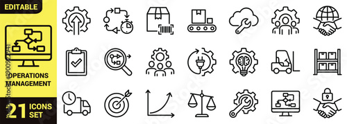 Operations management line icons set with workflow automation, supply chain, logistics, inventory control, cloud operations, quality assurance, business optimization and global operations outline symb