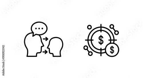 Icons representing communication and financial goals, talk and money target