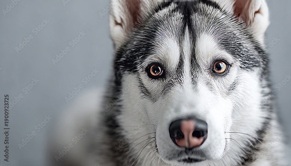 Obraz premium Charming Siberian Husky with Striking Blue Eyes Poses Gracefully Against a Minimalist Background