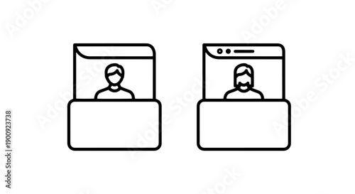 Two stylized figures in browser windows: online communication and virtual meetings illustration.