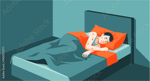 An illustration depicting a young person suffering from a skin rash while trying to sleep in a dimly lit bedroom, highlighting discomfort and illness.