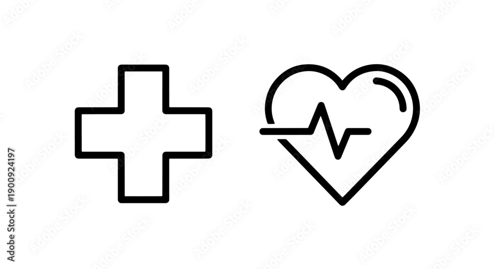 Obraz premium Medical cross and heartbeat line within heart icons, representing health and life.