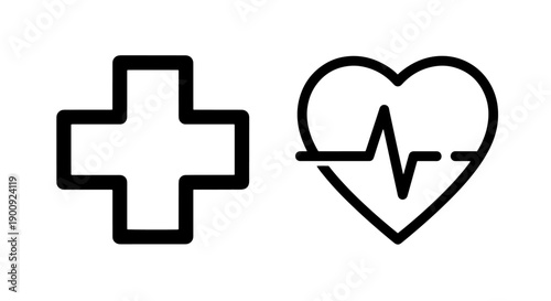 Medical cross and heartbeat line within heart icons, representing health and life.