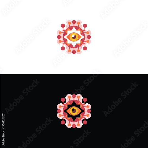 A captivating abstract eye symbol with a dark pupil and geometric detailing is elegantly displayed on both crisp white and deep black backgrounds, suggesting themes of enlightenment.