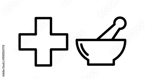 Outline icons of a medical cross and a mortar and pestle