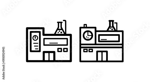Laboratory Buildings with Equipment Icons: Science and Research Symbols