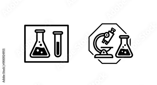 Laboratory Flasks and Microscope Icons: Science and Research Symbols