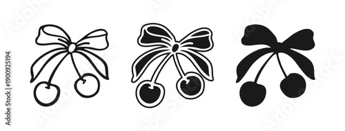 Coquette cherry set with cute ribbon bows in whimsical Hand drawn doodle linear, silhouette style set. Girly vintage aesthetic playful cherry. Minimal romantic icon trendy y2k charm illustration