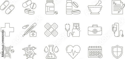 Pharmacy and Medication Icons: Pills, Bottles & Rx