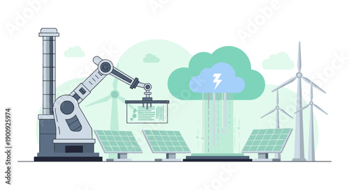 An innovative illustration showcasing smart factory automation with robotic arms, solar panels, wind turbines, and cloud computing for sustainable energy solutions.