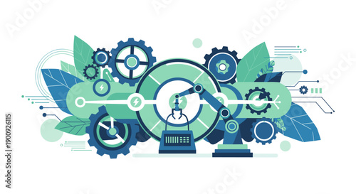 Modern industrial automation concept featuring robotic arms, gears, and circuit board elements amidst organic leaf shapes, illustrating technological integration.