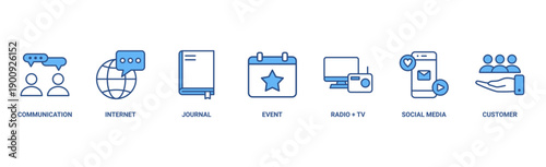 Public relations banner web icon vector illustration concept with icon of communication, internet, journal, events, radio, tv, social media, and customer