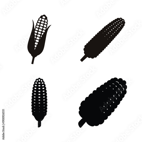 Four distinct illustrations of stylized corn cobs in black and white silhouette form