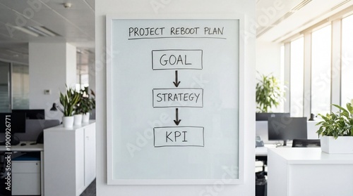 Project reboot plan diagram displayed on whiteboard in modern office setting with plants and workstations visible in the background