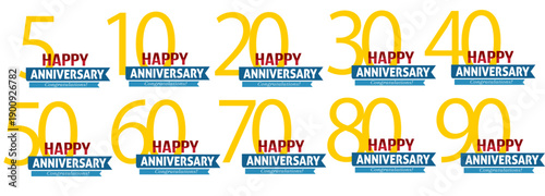 5周年〜90周年まで対応できる周年記念ロゴセット｜HAPPY ANNIVERSARYのリボン見出し付きで企業イベントや周年祭告知に使えるイラスト素材