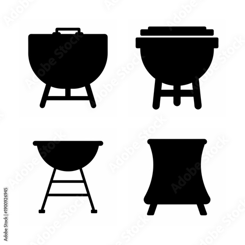 Four distinct types of outdoor grills depicted in black and white silhouettes