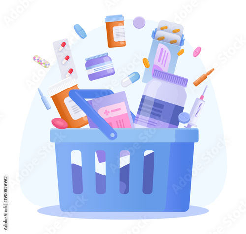 Online pharmacy delivery concept with medicine pills basket for ecommerce and mobile app orders, flat vector illustration isolated on white background