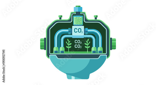 Innovative carbon capture technology illustration showcasing the process of converting CO2 into beneficial plant growth within a futuristic system.