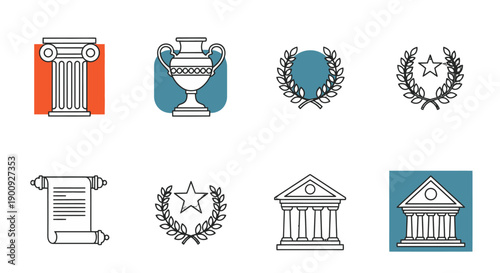 Collection of ancient Greek and Roman architectural elements and symbols.