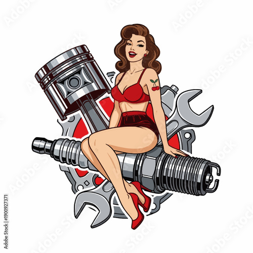 Vintage Pin Up Girl with Piston and Wrench Illustration. Professional vector graphic featuring a pin-up girl holding a wrench, posed with a car piston.