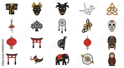 Collection of Asian Cultural Symbols and Icons.