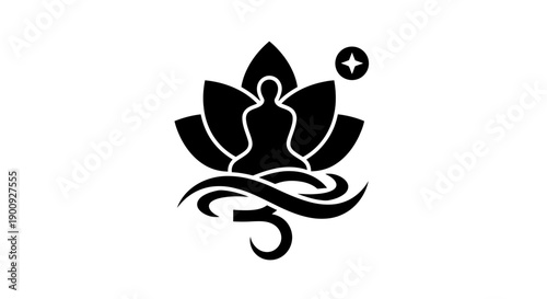 Black silhouette of a person meditating in a lotus flower.