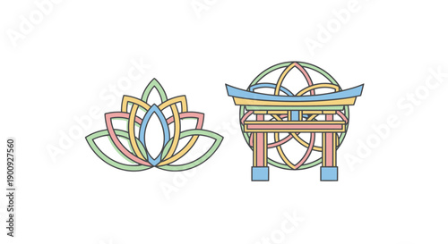 Colorful Lotus Flower and Pagoda Iconic Symbols.