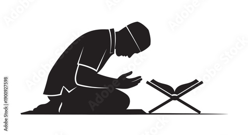 Man Sitting in Prayer with Quran Silhouette