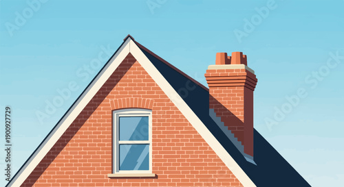 A simple brick house facade with a window and chimney under blue sky