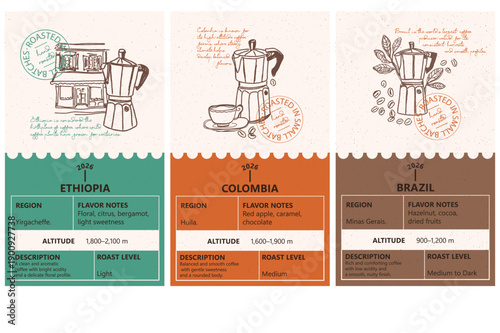 Set of illustrated coffee origin labels with moka pot drawings and detailed information about region, altitude, flavor notes and roast level. Vintage style coffee packaging design suitable for café br