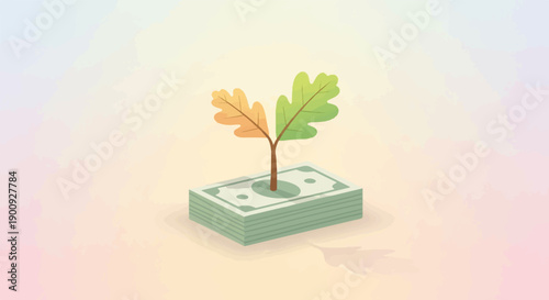 A sapling with leaves in transition grows from a stack of cash