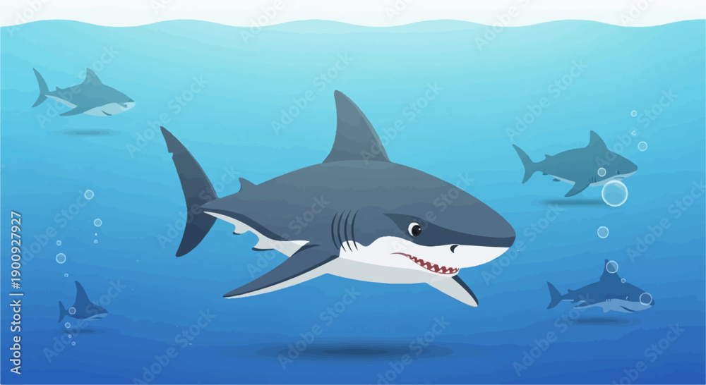 Obraz premium A school of sharks swims in the blue ocean with bubbles