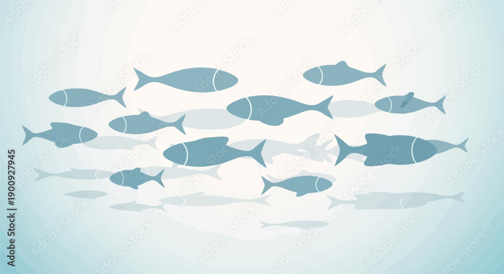 Fototapeta premium A school of simplified blue fish swims together in a light blue watery environment