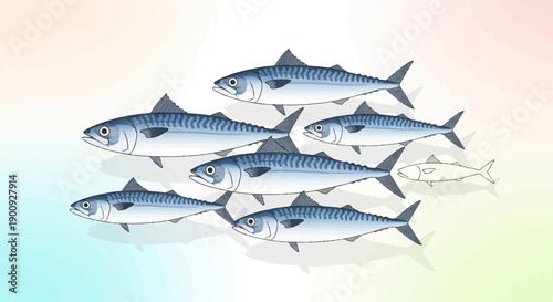 A school of mackerel swims in a gentle watercolor-like ocean
