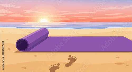 A rolled-up purple yoga mat sits on a sandy beach with footprints leading away at sunrise