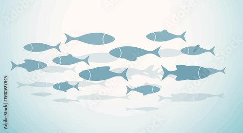 A school of simplified blue fish swims together in a light blue watery environment