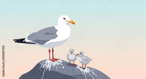 A seagull stands with two chicks on a rock overlooking the sea