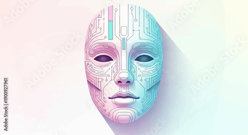 A robotic face with circuit board patterns and a dual-tone color scheme