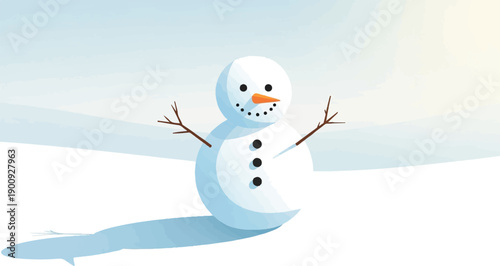 A simple, charming snowman stands on a snowy landscape under a bright sky
