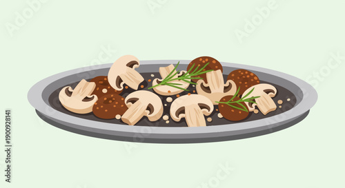A platter of sliced mushrooms and meatballs with rosemary garnish