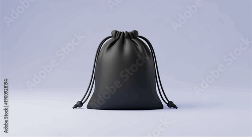 A plain black drawstring bag sits centered against a soft gradient backdrop