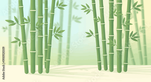 A serene bamboo forest with soft, hazy green stalks and leaves